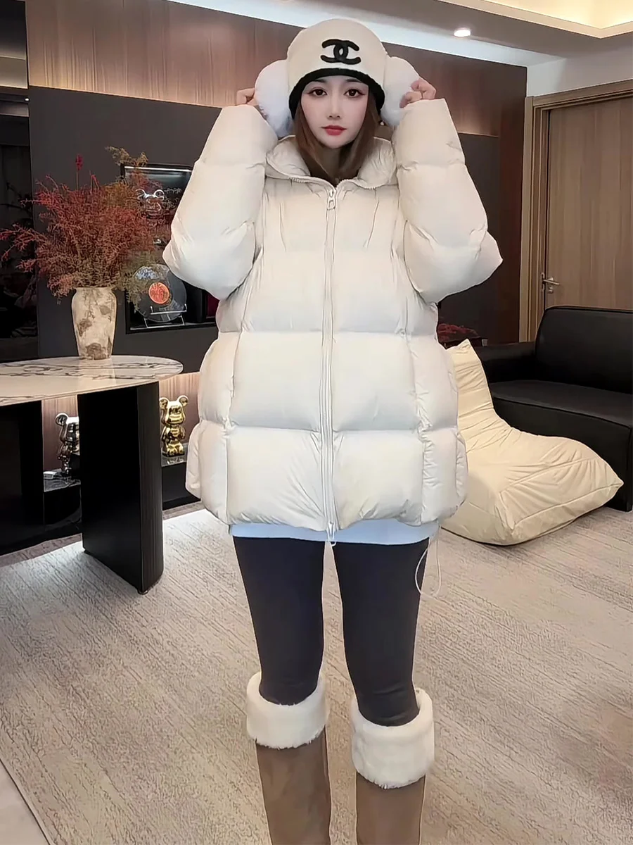 한국 슬레 클라우드 퍼프 화이트 듀 다운 자켓 여성용 겨울 코트 롱 루즈핏 후드 따뜻한 개성있는 아우터웨어