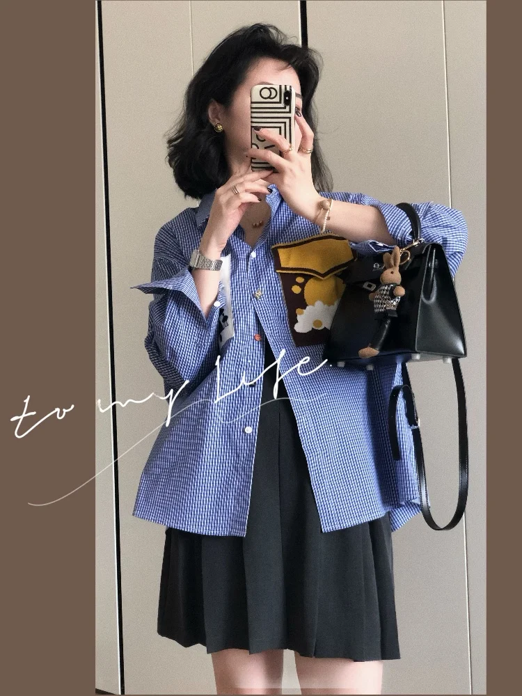 

Attention-abbing Artistic Patch ket Design Women's irt Spring Special Button Plaid Loose Fit Long Sve Ne