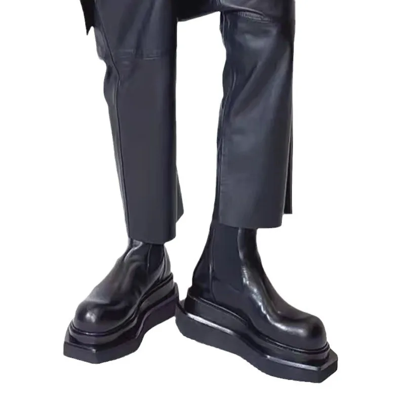 

2025 Thick-Soled Mid-Calf Round-Toe Chelsea Women Dark Square-Toe Chimney British Style Unisex Large-Toe Short Boots