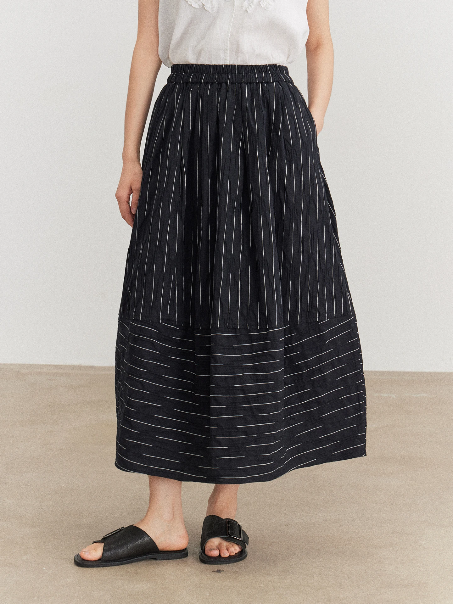 

Retro Striped Texture Cotton Half Skirt Women's Spring Summer Elastic Waist Loose Feeling Small Size Midi Skirt