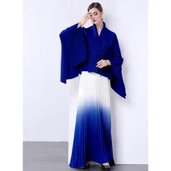 Miyake Clothing Wrinkled Elegant Japanese Aesthetic Gradient Lace Up Short Jacket+blended Pleated Long Skirt 2024 Autumn