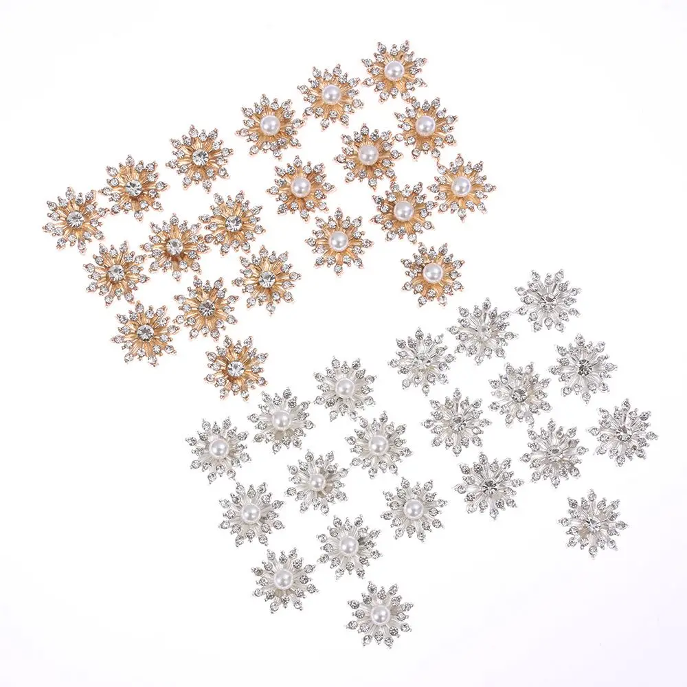 10PCS 16MM Rhinestone Snowflake Buttons Flatback Plating Pearl Hairpin Decoration DIY Craft Apparel Sewing Accessories