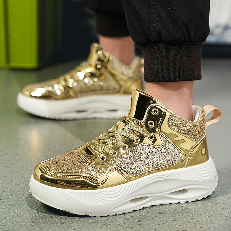 Fashion Tennis Shoes for Men Sequins Trend Gold Silver Sneakers High Top Sports Shoes Light Weight Comfort Shoes Tenis Masculino