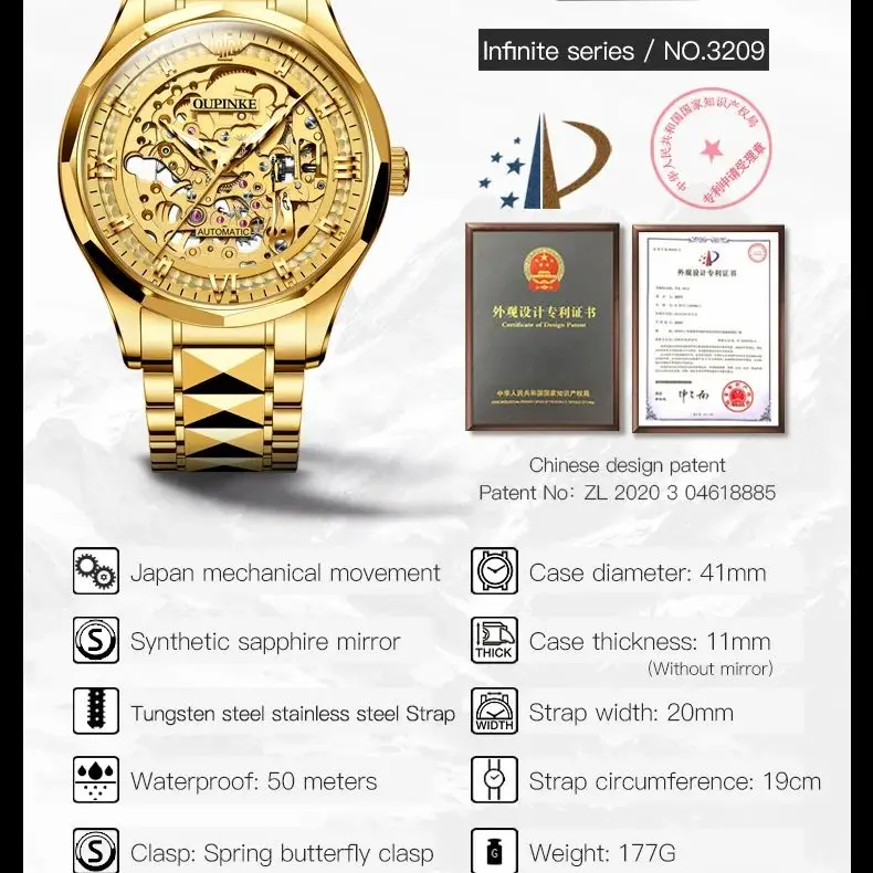 OUPINKE 3209 ساعة رجالية مجوفة فاخرة من أفضل العلامات التجارية اليابانية حركة أوتوماتيكية بالكامل ساعة ميكانيكية بحزام من الفولاذ التنغستن ساعة رجالية