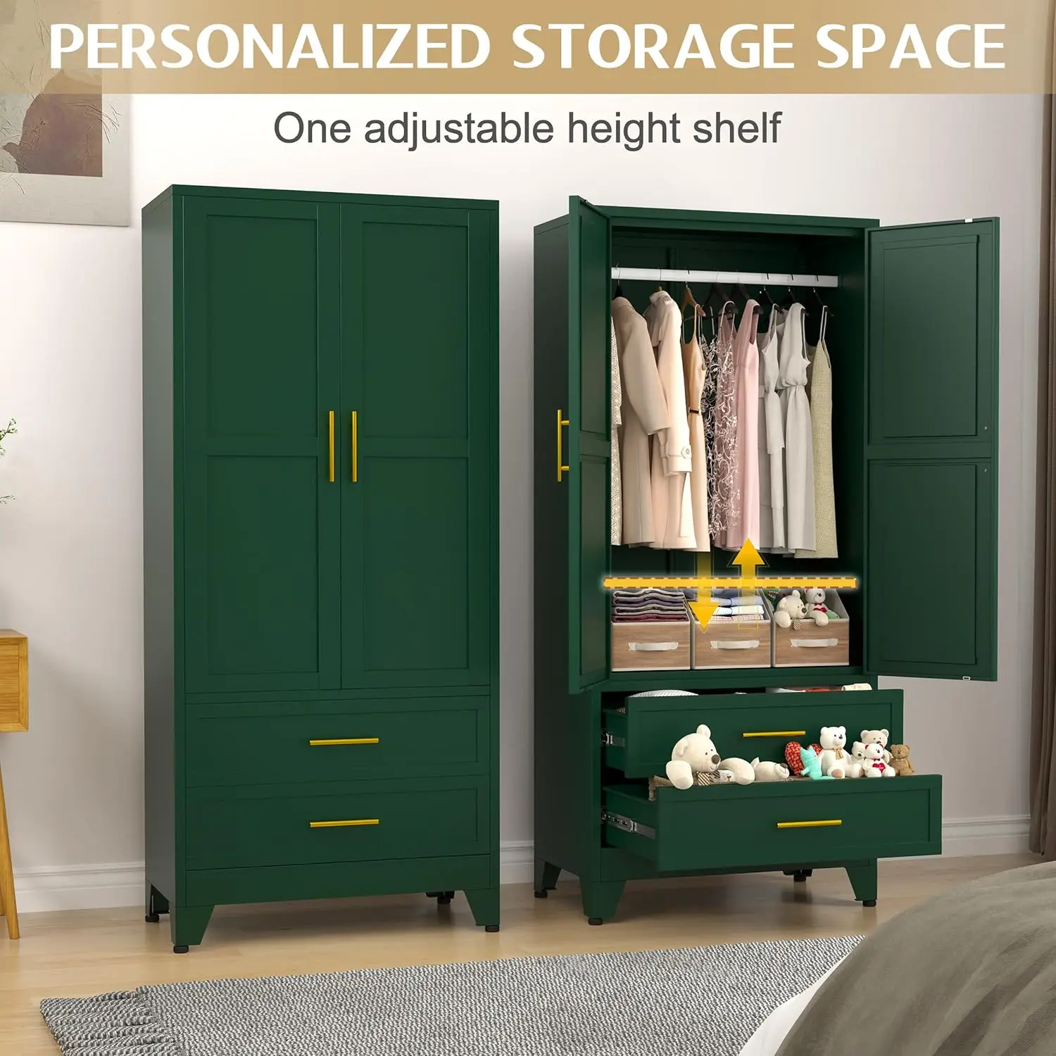 

71" Metal Clothing Storage Cabinets with 2 Doors, 1 Adjustable Shelf and 2 Drawers, Metal Wardrobe Cabinet with Hanging Rod,