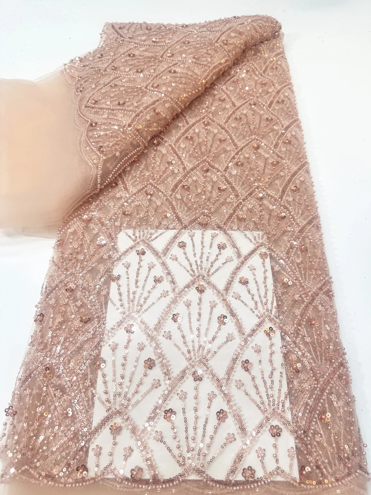 

New Style Pink Beaded Sequins African Lace Fabric 2026 High Quality Handmade Beads French Lace Fabric For Party Dress KYX2515A