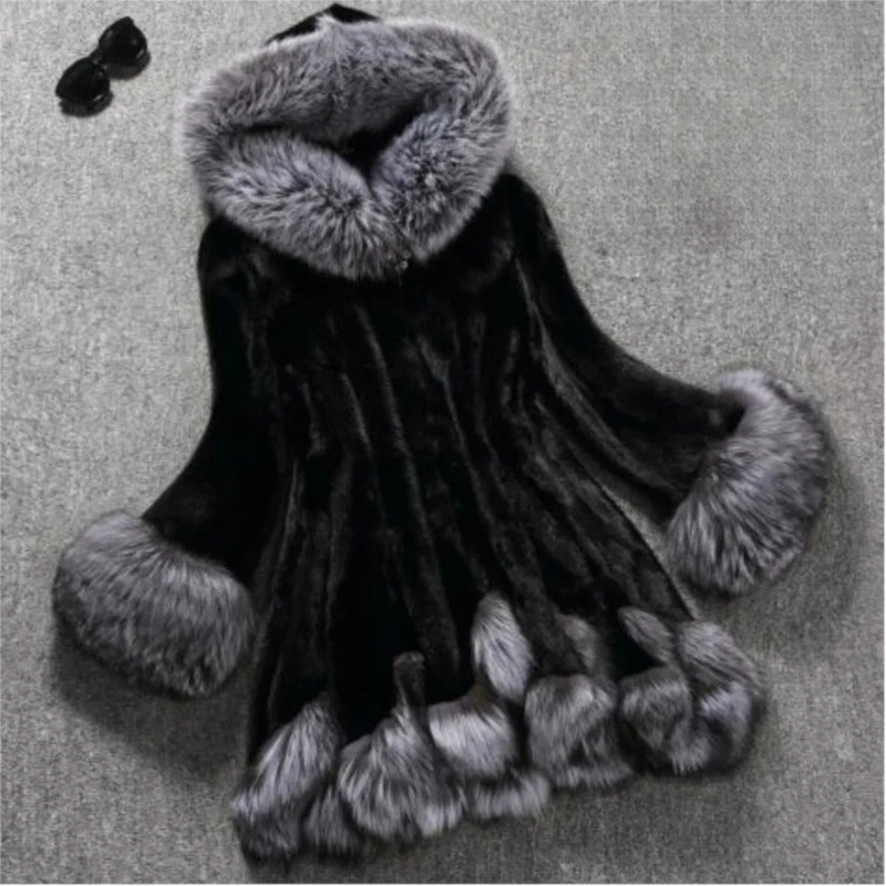 

New mixed fur mid-length hooded top coat woolen for women