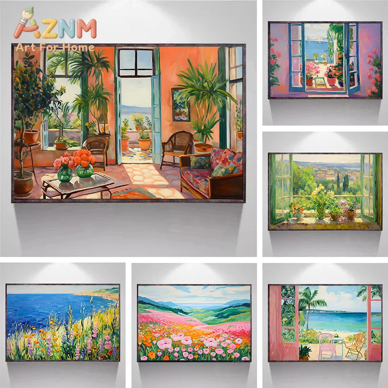 Clasisc Henri Matisse Artwork Summer Window View Flower Field Landscape Poster Canvas Painting Wall Pictures Home Decor
