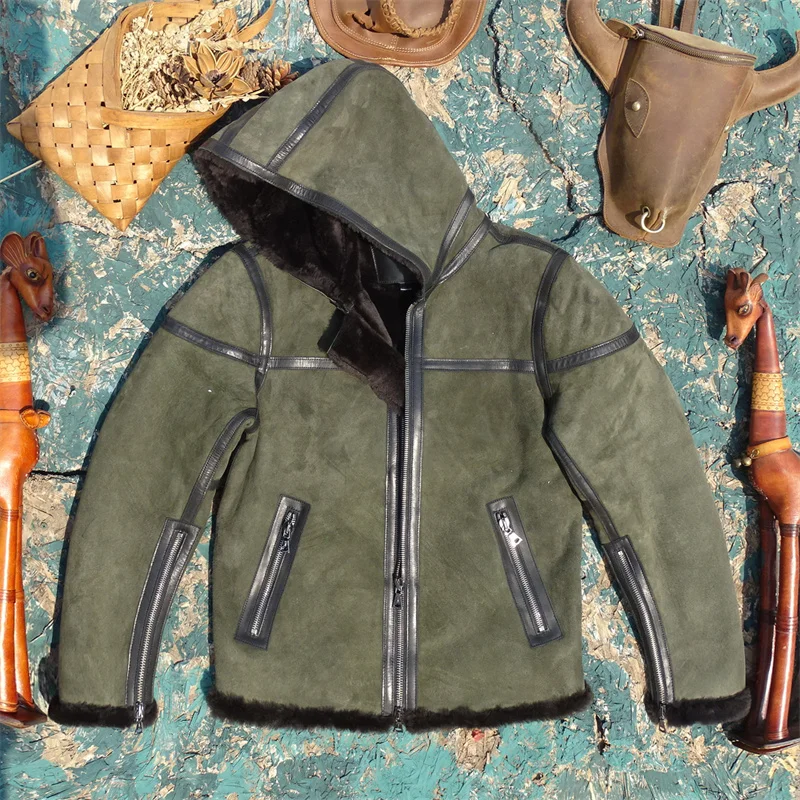 

Dark Green Winter Hooded Shearling Jacket Men Casual Style Plus Size 5XL Genuine Natural Sheepskin Thick Warm Coat