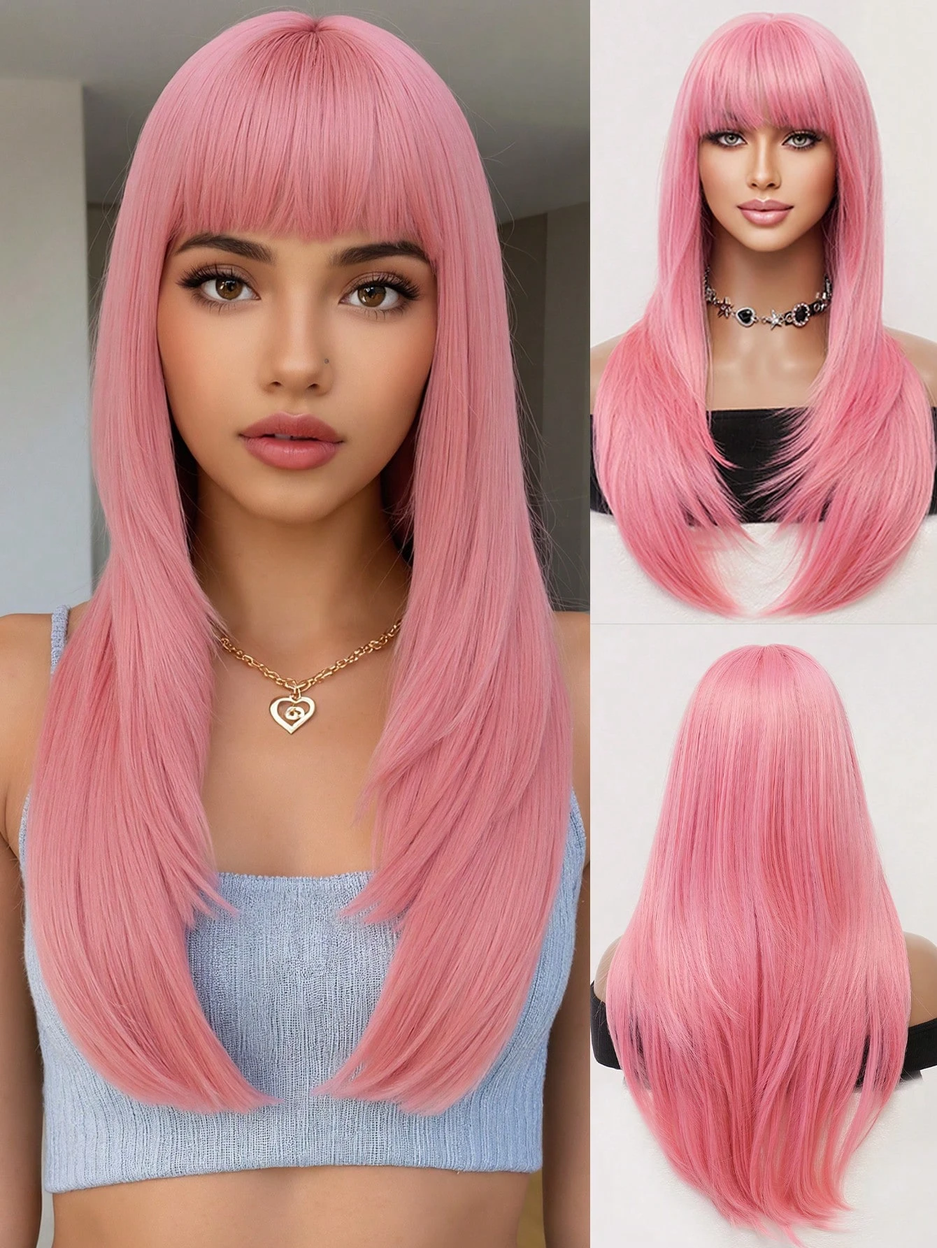 Encantadora Peluca Larga y Lisa de Color Rosa de 26 Pulgadas con Diseño en Capas, Flequillo y Línea de Cabello Natural, Apta para Mujeres, Material de Fibra Sintética Resistente a Altas Temperaturas, Perfecta para Principiantes, Apta para Peinados Diarios, Citas, Fotografía, Atuendos de Año Nuevo, Juegos de Rol y Otras Ocasiones.
