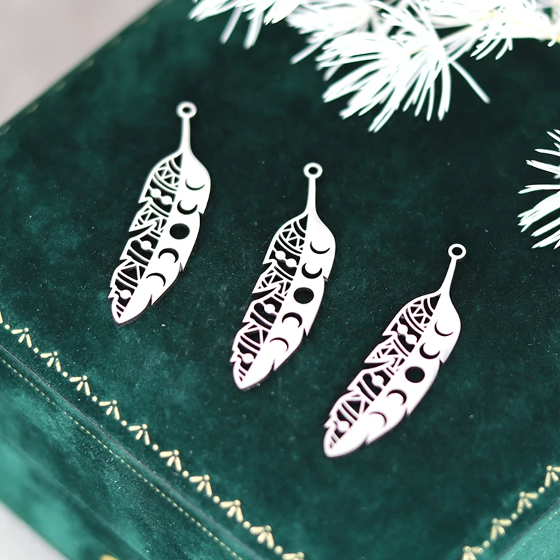 3pcs Feather Leaf Phase of the Moon Charms for Jewelry Making Trend Earrings Tassels Deco Findings Craft Stainless Steel Pendant