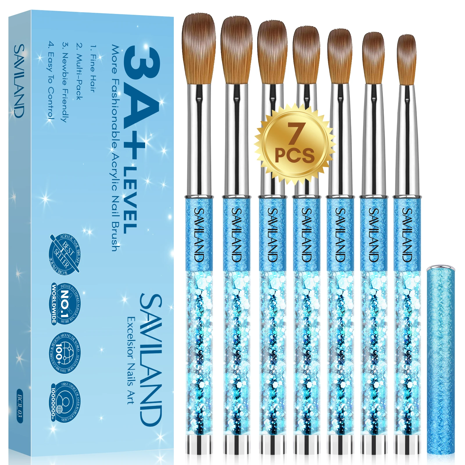 Saviland 7pcs Acrylic Brushes Set Size4/6/8/10/12/14/16 for Acrylic Nail Brush Acrylic Application Acrylic Powder Nail Art