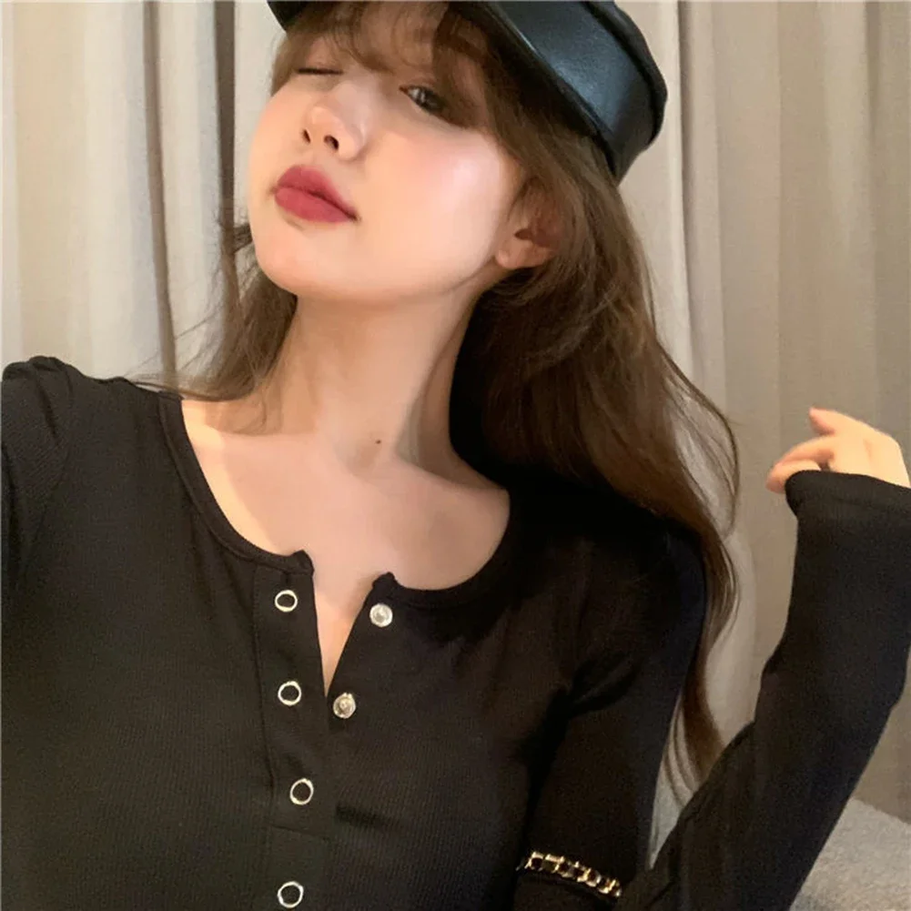 Casual Long Sleeve Top Slim Fit T-Shirt Regular Length Slightly Stretchable Solid Color Design Suitable For Vacation