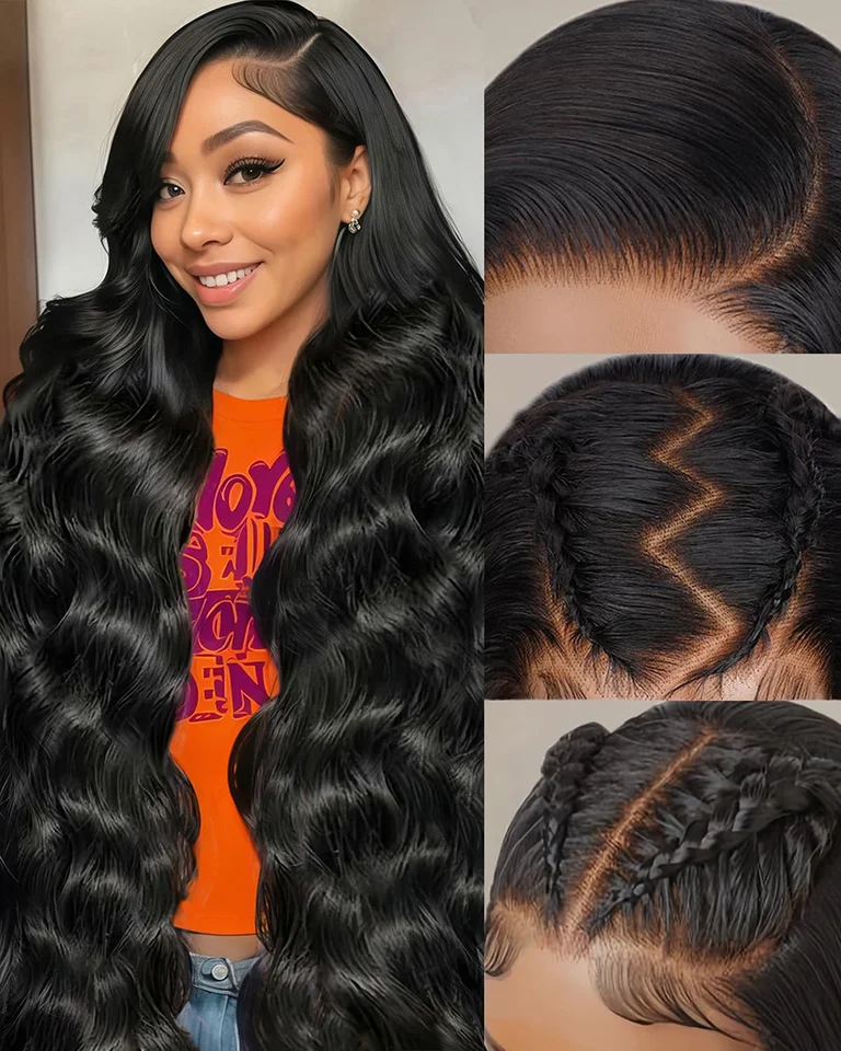Peluca de cabello humano natural negro, Body Wave, frontal de encaje HD transparente 13x4, con nudos previamente arrancados y encaje frontal para mujer 2