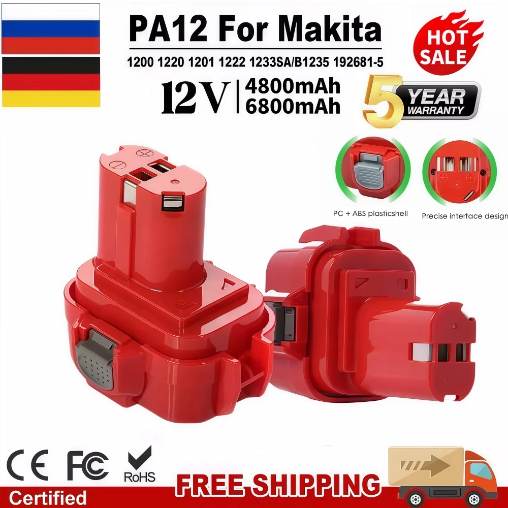 12V 4.8/6.8Ah Battery For Makita PA12 Ni-Mh Battery,Compatible with 1200 1220 1201 1222 1233SA/B1235 192681-5 Power Tool Battery