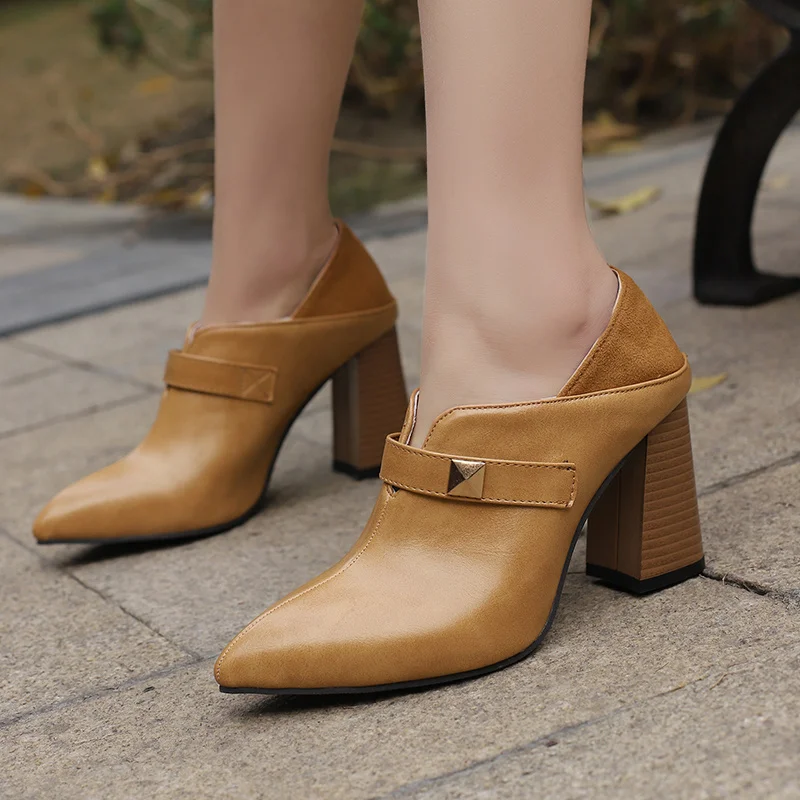 2024 Retro Belt Rivet Pumps Ladies 8cm High Heel Pointed Toe Slip-on Dress Office Heels Women Shoes Green Yellow Brown Plus Size