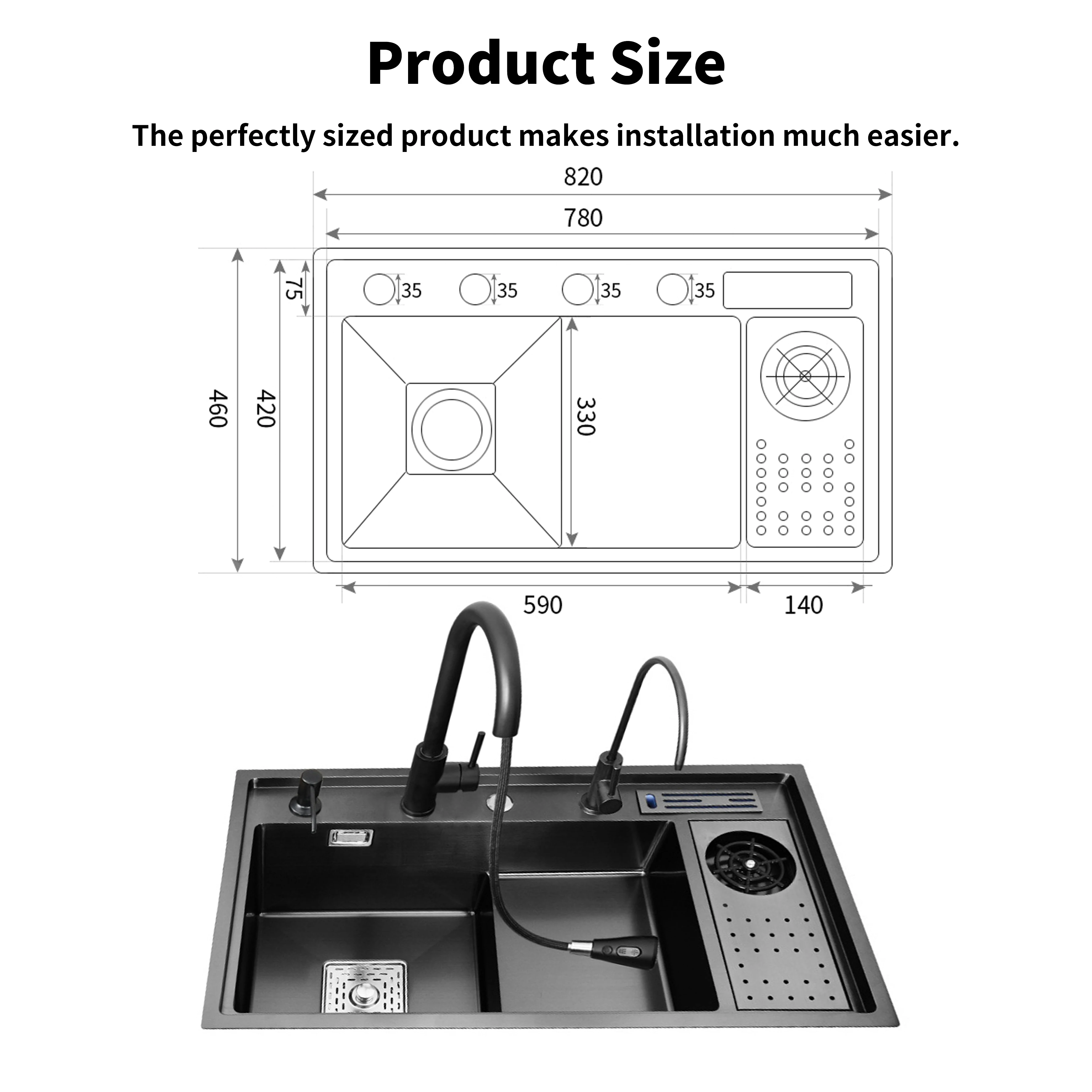 304 Stainless Steel Double Bowl Kitchen Sink High Pressure Waterfall LED Digital Anti-Scratch Nano