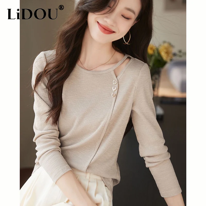 

Spring Round Neck Long Sleeve T-Shirts Women Solid Color Casual Hollow Out All-match Pullovers Korean Style Temperament Tops