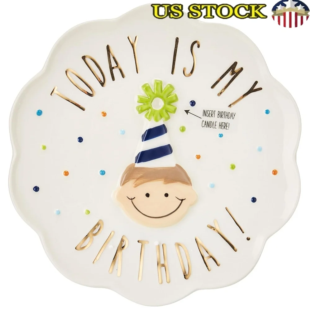 

Ceramic Birthday Boy Candle Plate 8 Inch Diameter Hand-Painted Confetti Dots Dishwasher Safe Birthday Celebration Decor