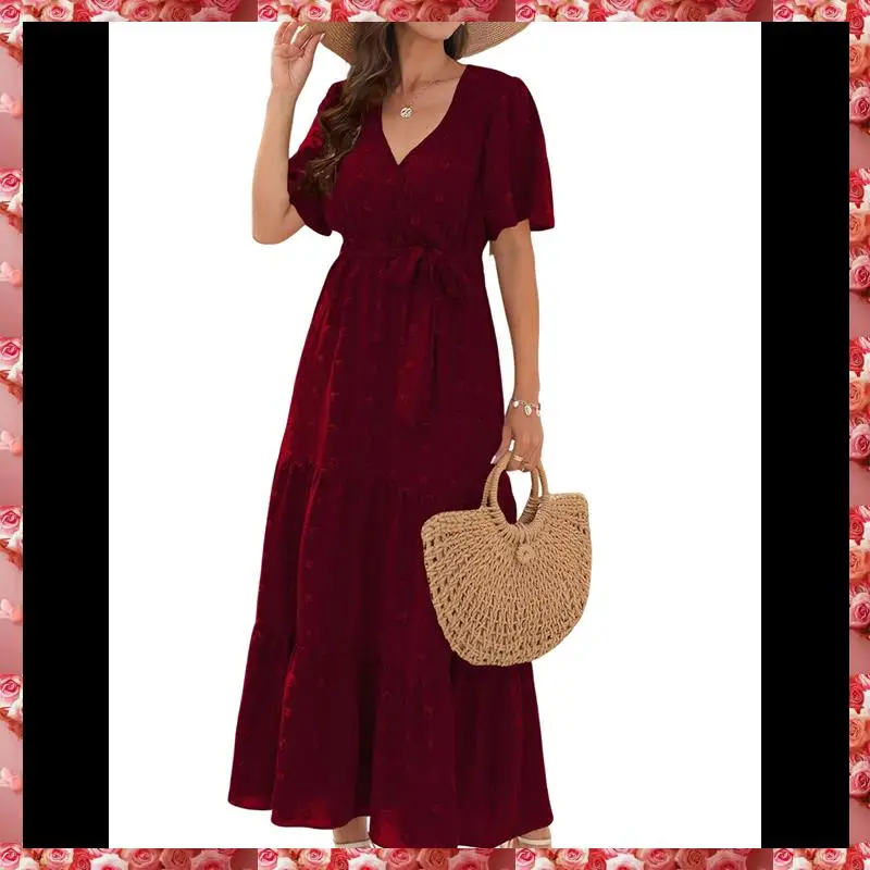 Boho Dot Summer Maxi Dresses For Women Wrap V Neck Short Sleeve Long Flowy Church Wedding Guest Dress