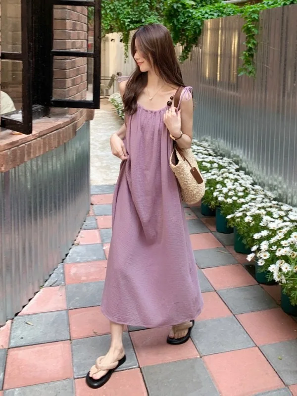 New Chinese Sle Summer 2025 Women's Long Dr Vaion Vibes Strap Design Gentle Tie Waist H-aped Korean Version Loose W...