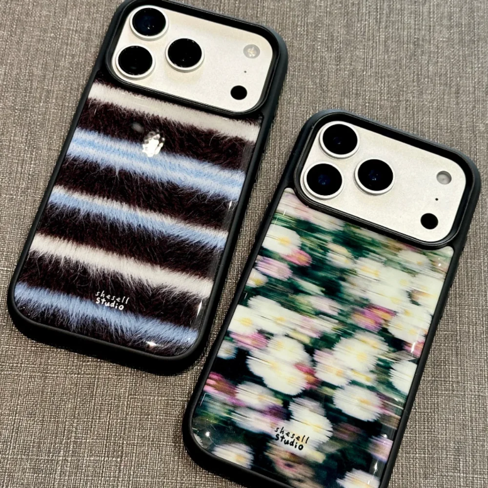 Spicy Girl Blurry Floral Fuzzy Stripe Y2K Phone Case For Samsung S23 FE S24 Plus S26 Ultra S25 Edge Anti Drop Resin Casting Case