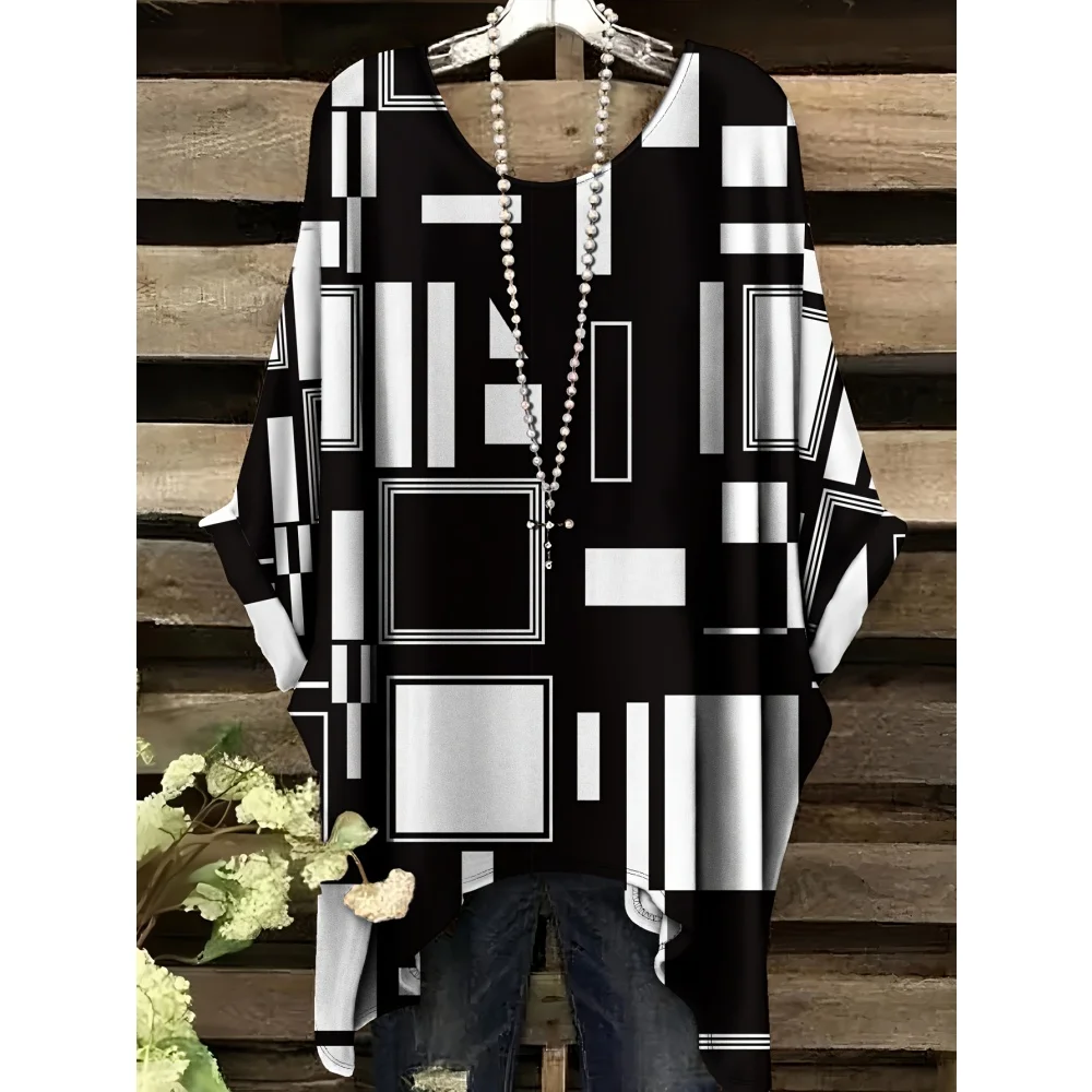 

Woman T-Shirts Black White Square Graphic Print Y2k Clothes Summer Comfortable Round Neck Short Sleeve Tops Vintage Streetwear