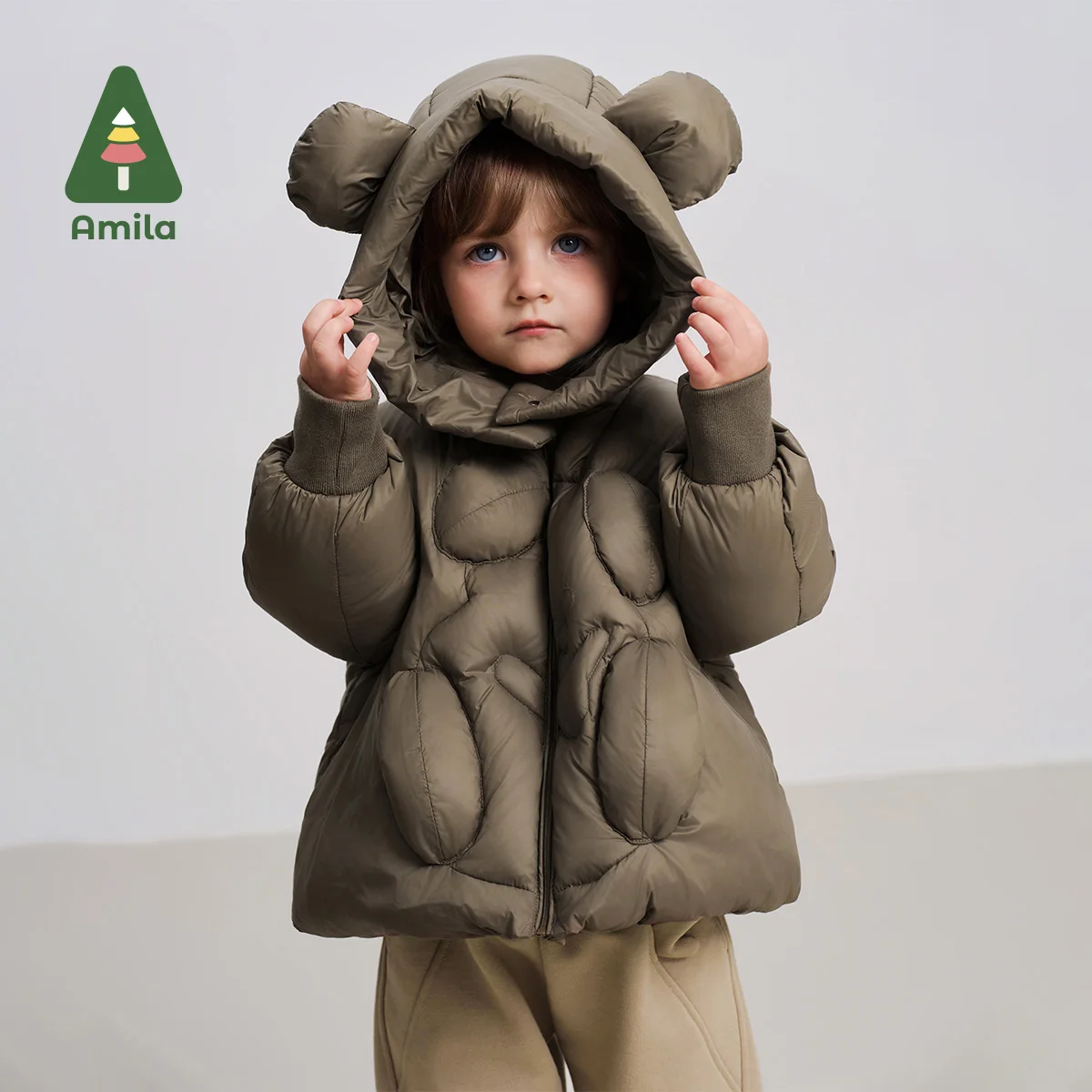 Amila Baby Down Jacket 2024 Winter New Style Boys And Girls Solid Color Bear Hooded Basic Warm Loose Casual Children’s Jacket