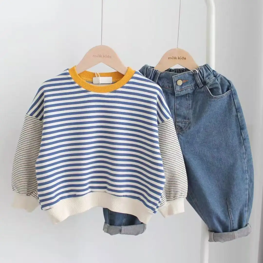 

2026 New Spring and Autumn Baby Boys' Splicing Sweatshirt Striped Top Children's Pullover Bottom Shirt 80-140cm