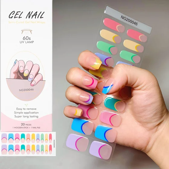 20/16Tips/Sheet Semi-Cured Gel Nail Patch Wine Red Adhesive Sliders Long Lasting Full Gel Nail Stickers Harden In UV Lamp Need