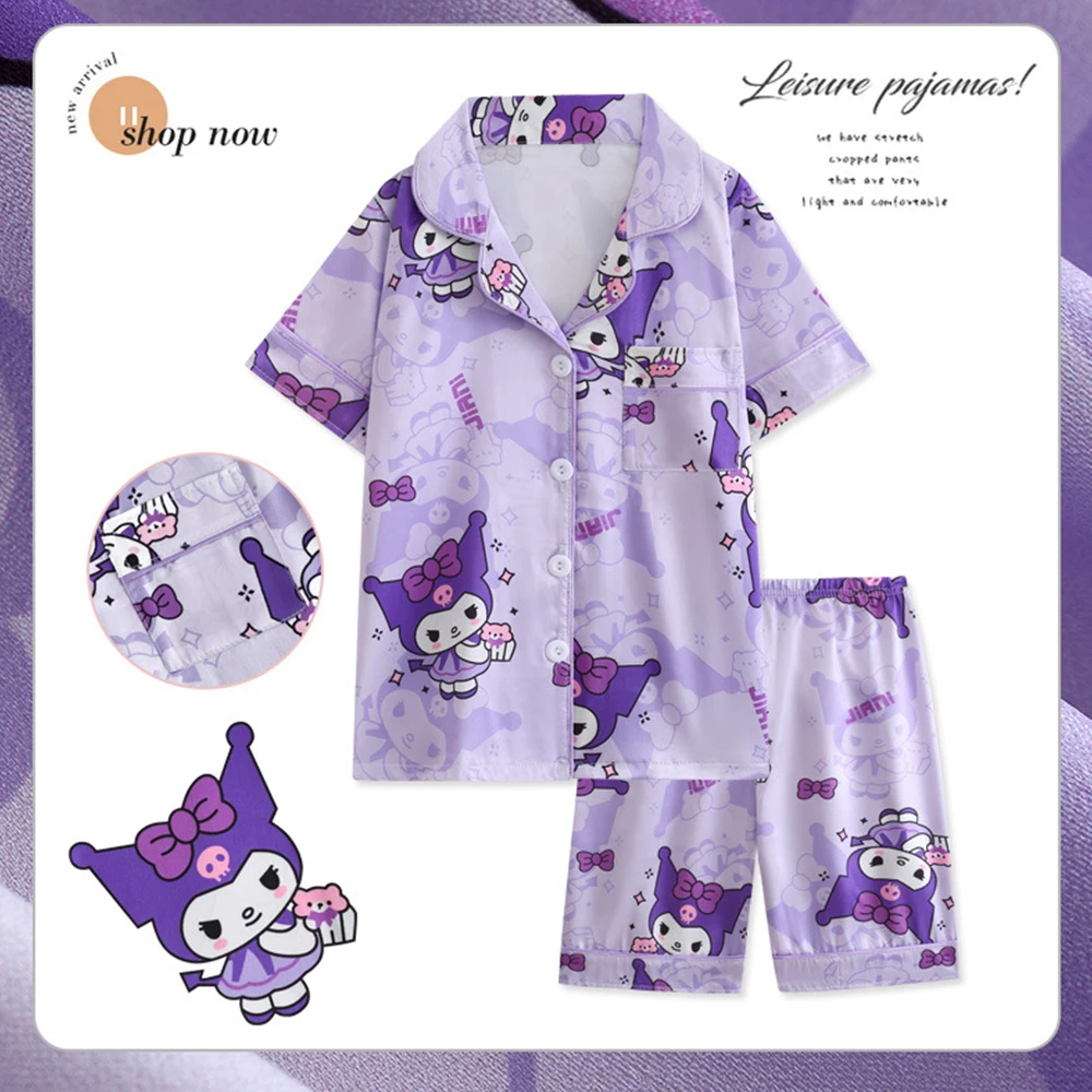 Kids Summer Nightwear Pajamas Sanrios Cinnamoroll Kuromi Kawaii Short Sleeved Shorts Anime Cartoon Boys Girls Ice Silk Home Wear