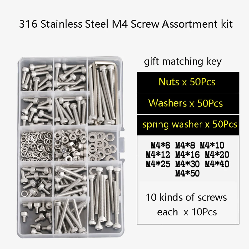 

316 Stainless Steel Allen Hexagon Hex Socket Cap Head Screw Assortment kit M2-M3 M3-M5 M3 M4 Hex Socket Marine Grade Screws