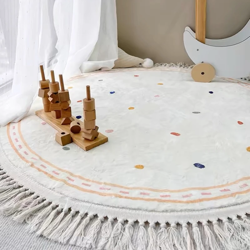 Tassel Round Living Room Large Area Carpets Cute White Children\'s Carpet Spotted Pattern Girl\'s Bedroom Rug Plush Soft Rugs 양탄자