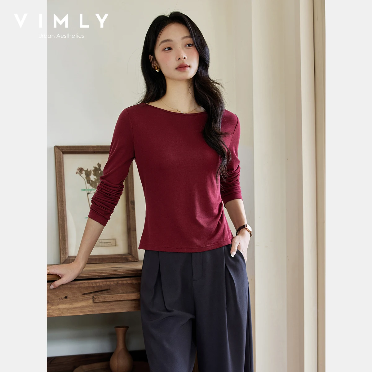 

Женские красные футболки VIMLY, элегантные тонкие женские футболки с вырезом и длинными рукавами, повседневные осенние 2024, вязаные складные женские топы A2179