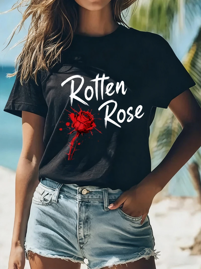 

Женская футболка с принтом Rotten Rose с текстовым узором, темный круглый воротник с принтом, летний повседневный топ в стиле отпуска