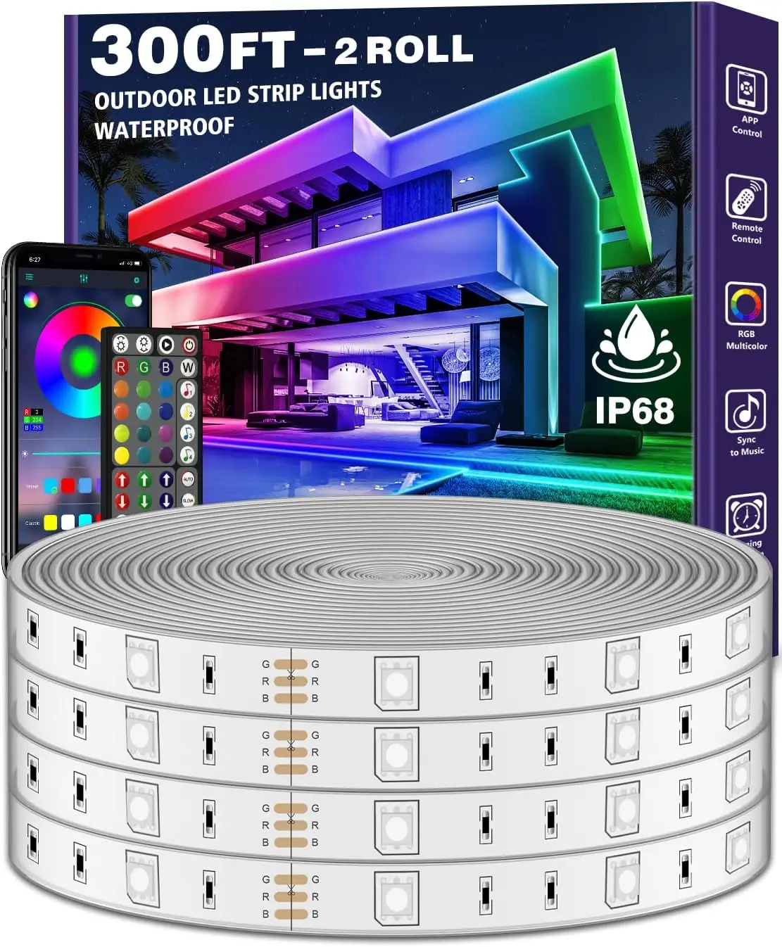 

Waterproof Outdoor LED Strip Lights with Bluetooth App, Music Sync RGB for Balcony, Garden, Pool (300FT)