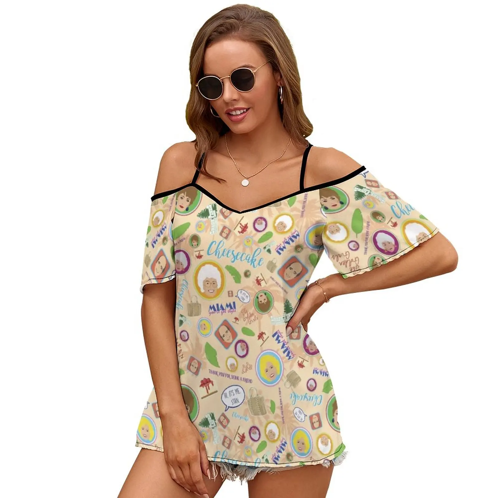 Golden Girlspalooza! Print O-Neck Off-The-Shoulder Top Short-Sleeved T-Shirt Ladies Streetwear Golden Girls Blanche Rose White