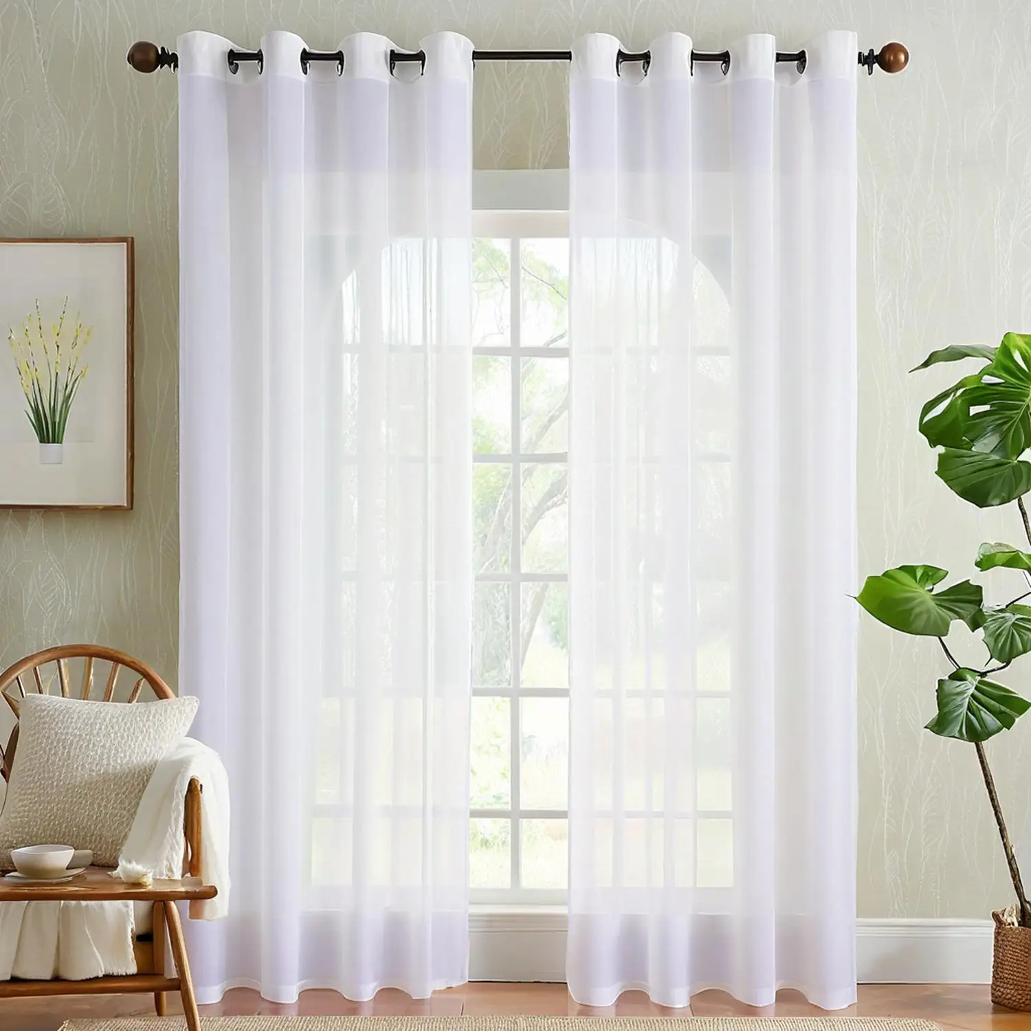 Durchsichtiger Voile-Vorhang mit 2 Paneelen, weiß, eleganter Look, Vorhänge mit Ösenplatte, weiche, leichte Vorhänge für Schlafzimmer und Wohnzimmer