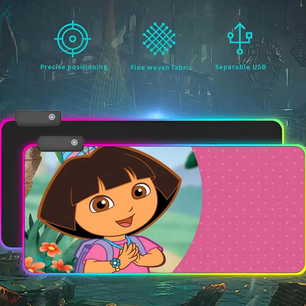 Cartoon Dor-a the Explorer Theme Birthday P RGB LED Light Gaming Mousepad Waterproof Large Gamer Mouse Carpet Big Mause Keyboard
