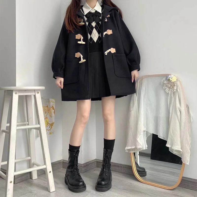 Hooded Blends Women Autumn Tender Sweet Horn Button Preppy Style Casual Girls Baggy Japanese Fashion Pockets Simple Overcoats