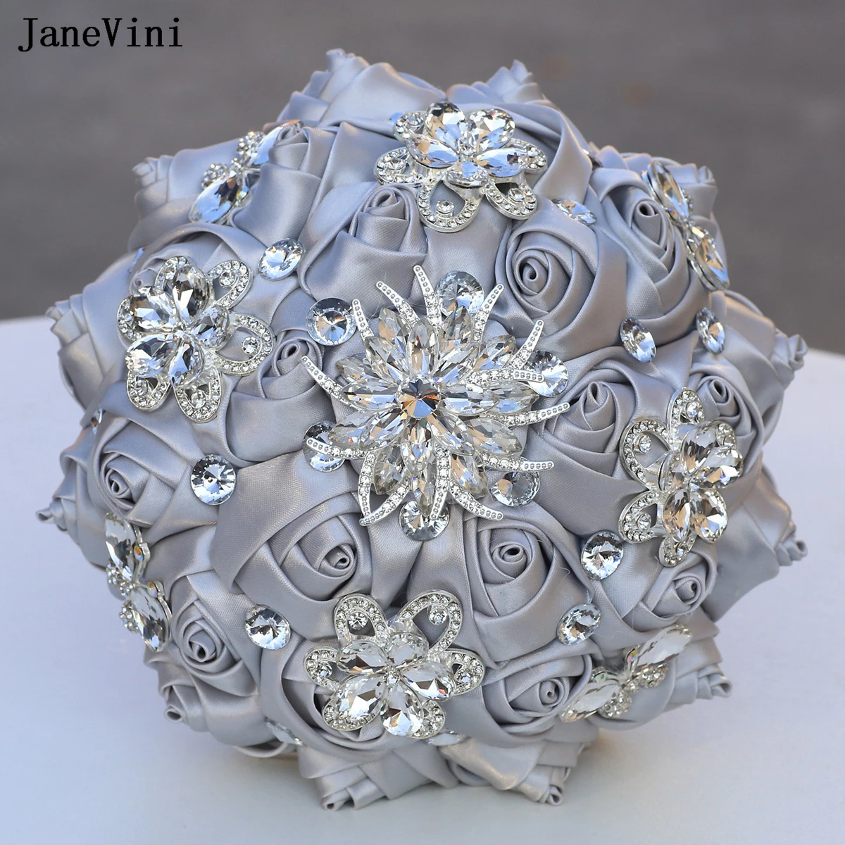 

JaneVini Luxury Silver Jewelry Bridal Holding Bouquets Artificial Satin Roses Fake Bouquet Flowers Wedding Accessories for Bride