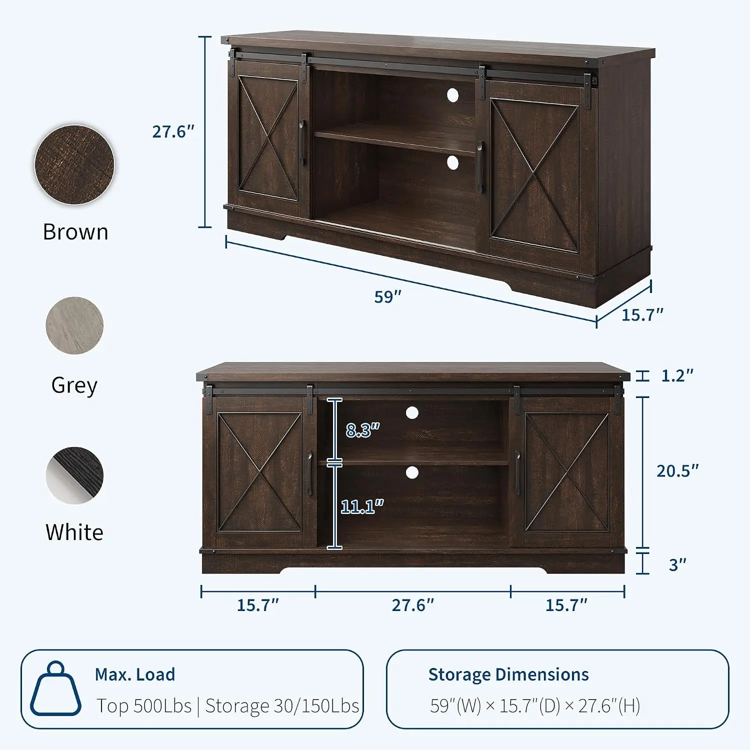 Farmhouse TV Stand Sliding Barn Doors 65 Inch Living Room Entertainment Center, Customized