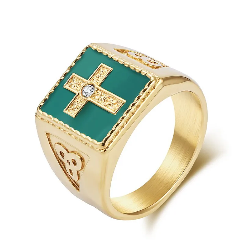 

Vintage Pattern Carving Cross Rings for Men 18K Gold Filled Stainless Steel Diamonds Inlaid Cool Masculine Finger Band Sizes7-12