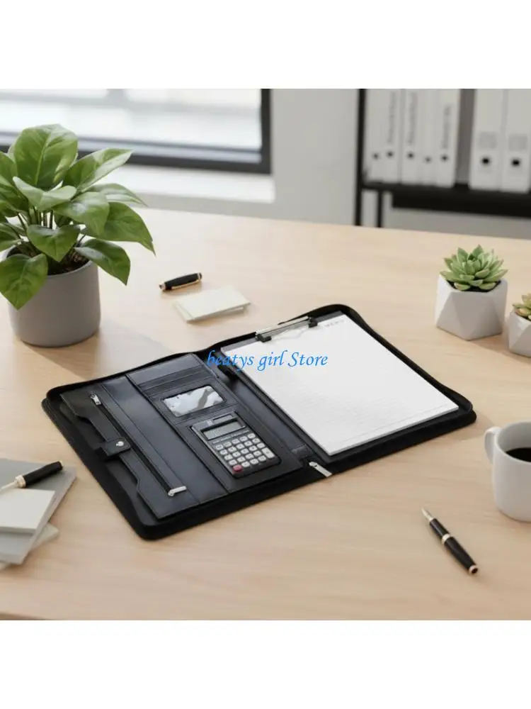 

C7AB Professional Leather Conference Folder Zippered Business Document Organiser Case