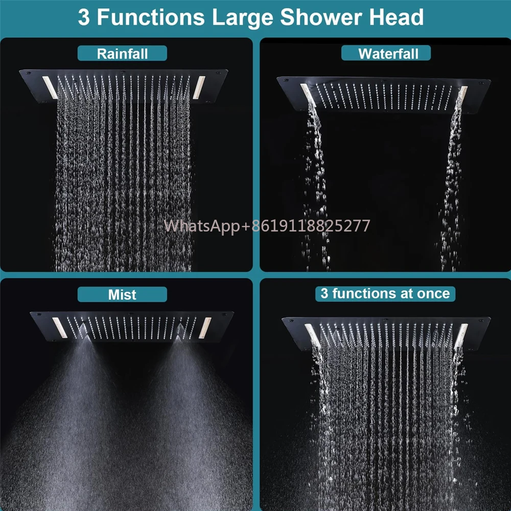 

Shower Head Black Color Rainfall Top Showerheads 15*28 Inch Ceiling Embedded 3 Functions Overhead