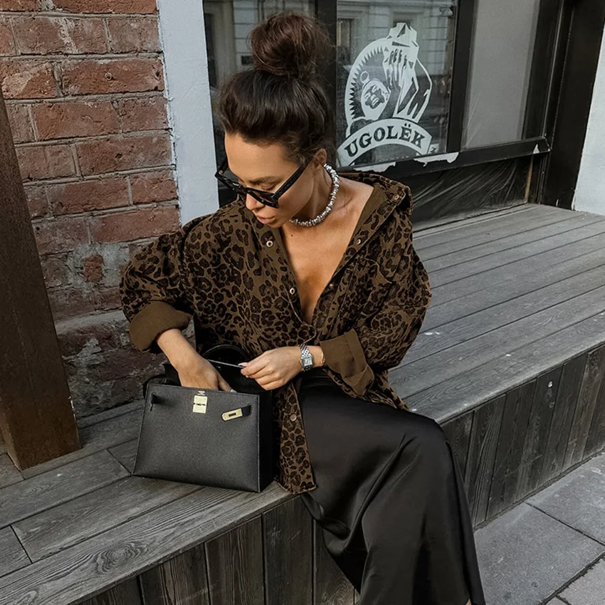 Leopard Print Cotton spring jacket Women blouse shirts summer Cardigan Streetwear Oversized long sleeves women clothing