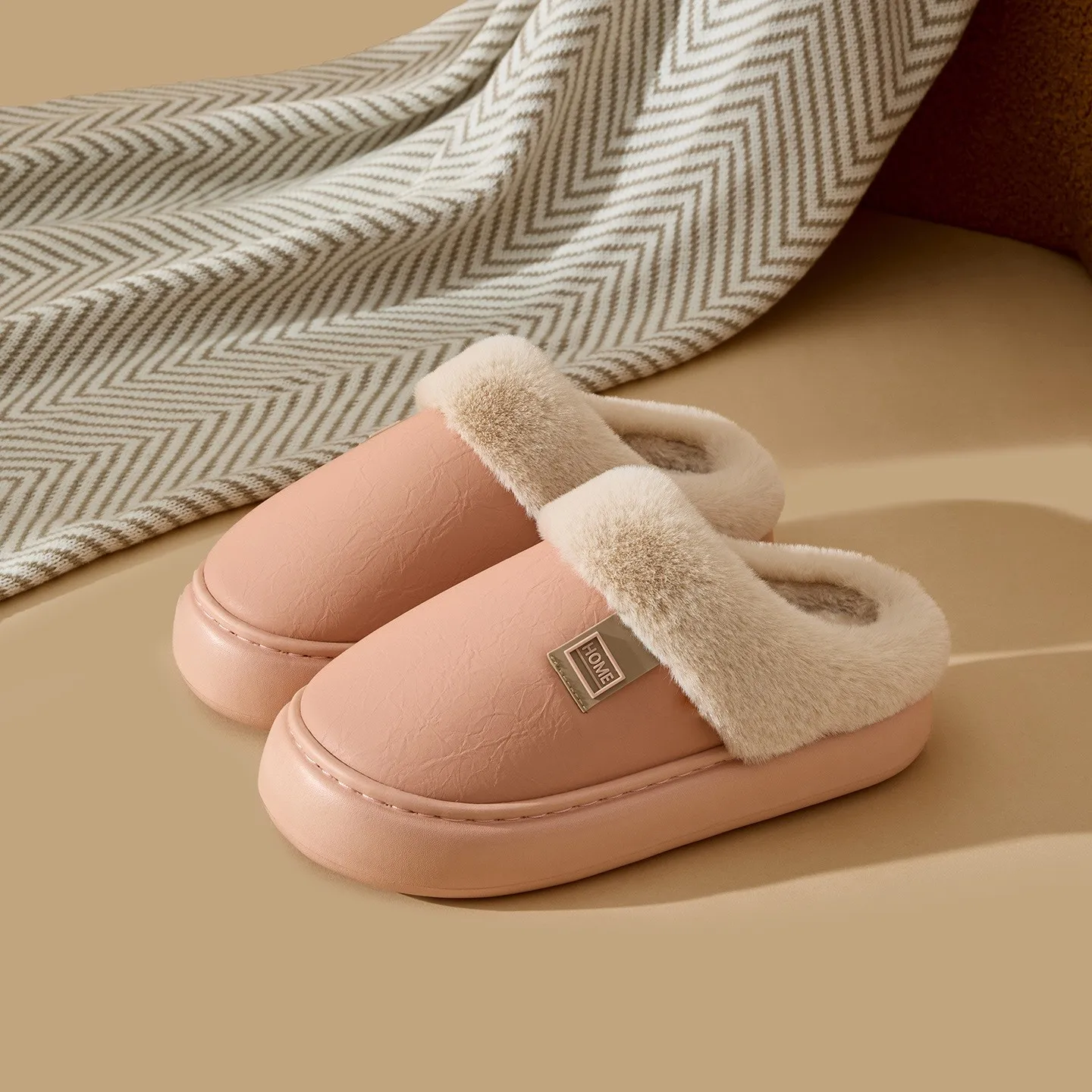 Men Winter Slippers Waterproof Women Furry Slides Concise Bedroom Warm Floor Shoes Indoor Outdoor Non-slip Couples Fluffy Flats