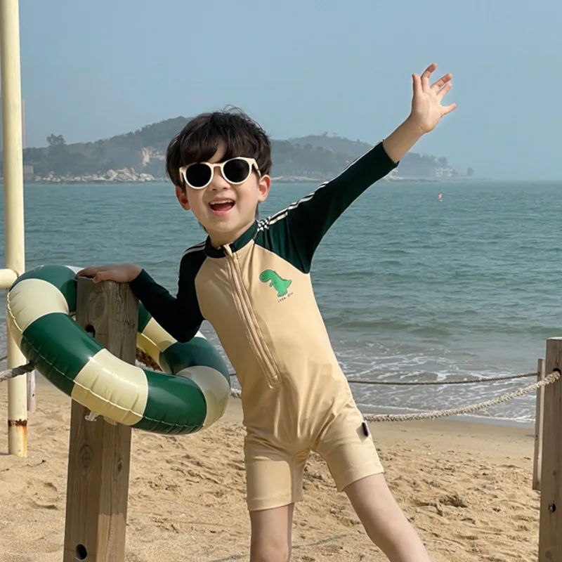 Kids One-piece Swimsuit Baby Boys Striped Long Sleeve Quick-Dry Cute Cartoon Dinosaur Zipper Surfing Suit Swimwear Bathing Suit