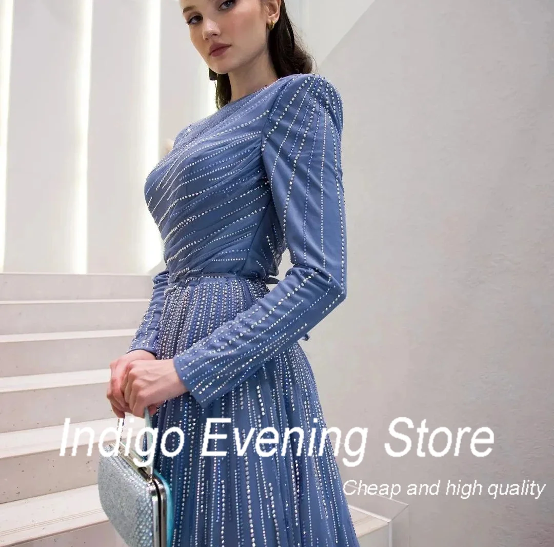 Indigo Prom Dresses O Neck Full Sleeves Beads A Line Floor-length Formal Occasion Dress For Women Vestidos De Gala  Customized