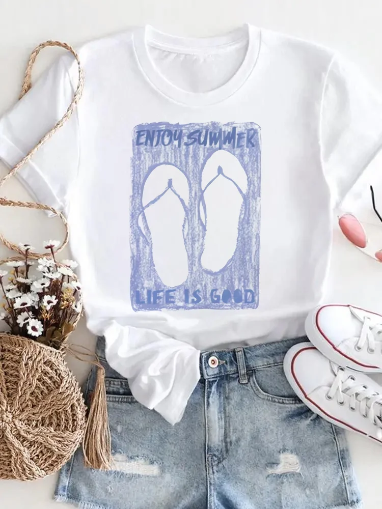 

Street Women's Flip Flops Printed Fun and Versatile 90s White Top Short Sleeved Travel Beach Vacation Pattern Cartoon T-Shirt